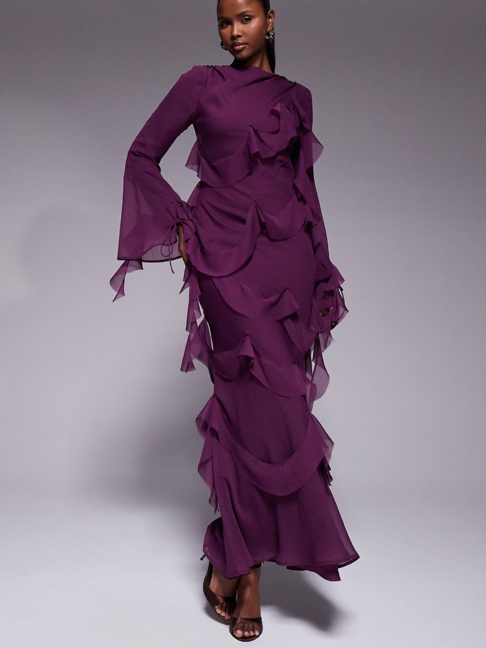 BRAND NEW NEVER WORN ASOS draped raw edge ruffle long sleeve maxi dress in purpl